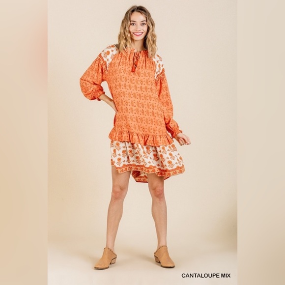 Umgee | Floral Long Puff Sleeve Keyhole Dress Ruffle Hem Tassel Tie Tiered Boho - Picture 5 of 16